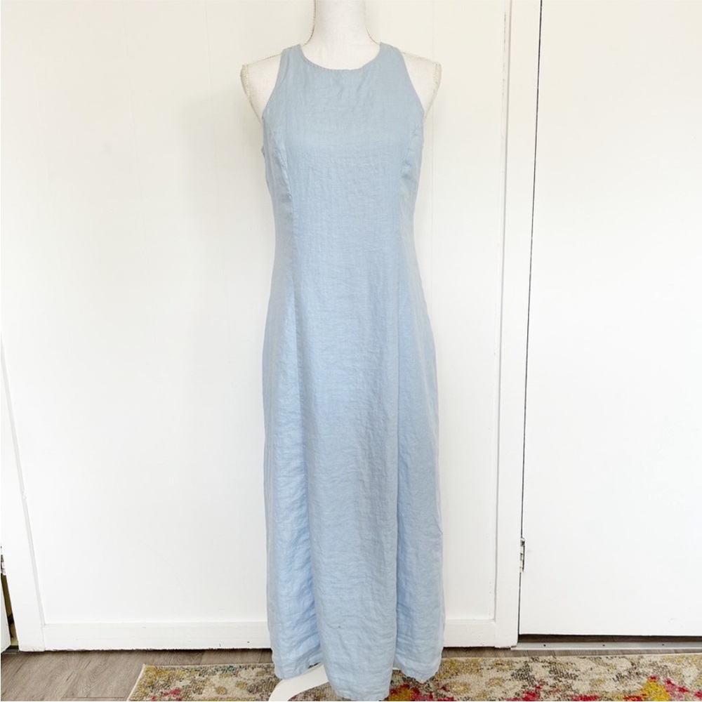 Vintage Gap 90’s Light Blue Linen Long Dress Keyhole Back High Neck 4